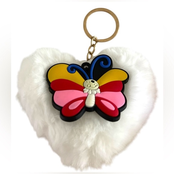 Accessories - FUZZY WHITE HEART BUTTERFLY KEYCHAIN